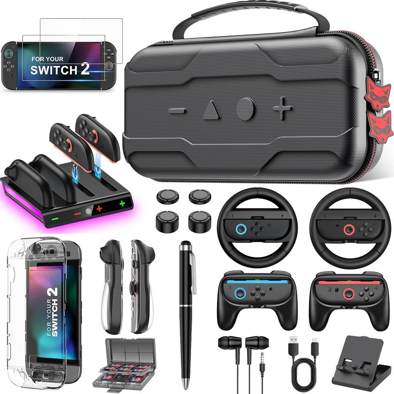 AXYBCOOL Store Switch 2 Accessories Bundle Kit 17-in-1 Compatible with Nintendo Switch 2025, Switch 2 Carrying Case Travel with Joypad Charger, Screen Protectors, Steering Wheel, Grip and more Switch 2 Accessories - Image 1